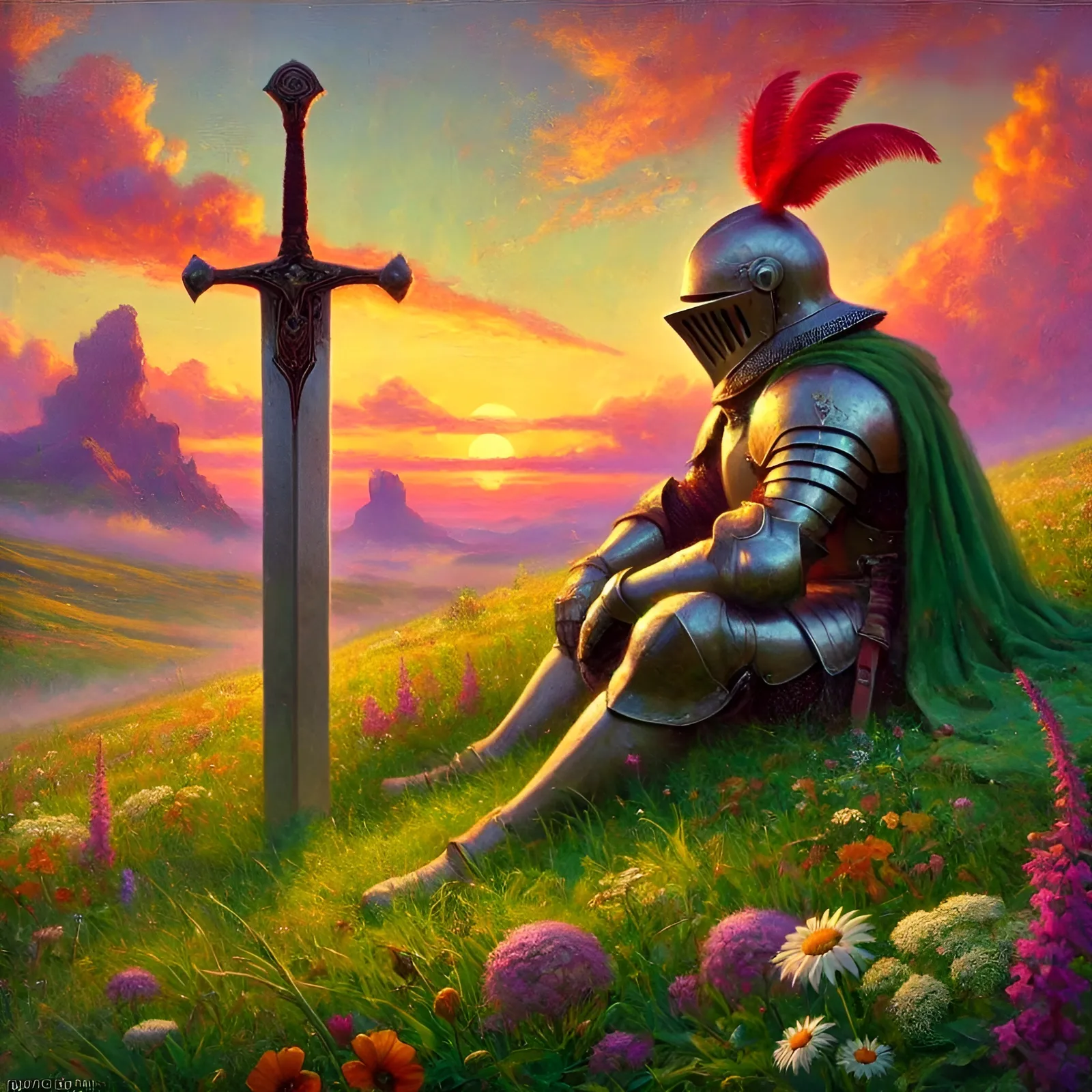Un chevalier en armure assis dans une plaine herbeuse au soleil couchant.